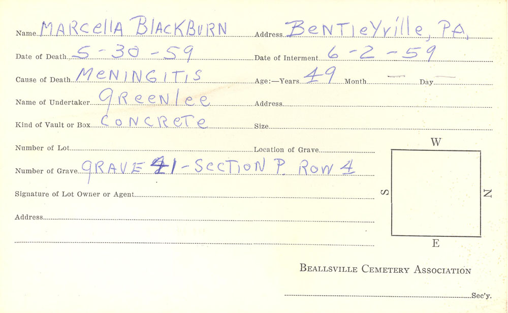 Marcella L. Blackburn burial card